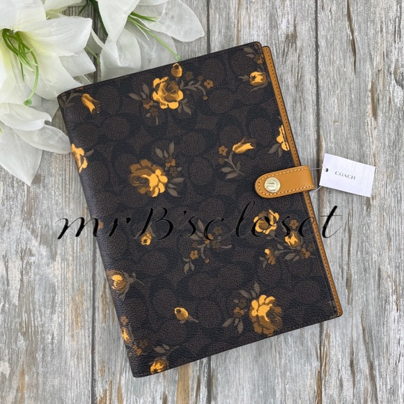 Authentic Coach Floral Print Notebook Leather Walnut Yellow Bag Purse - Picture 1 of 6